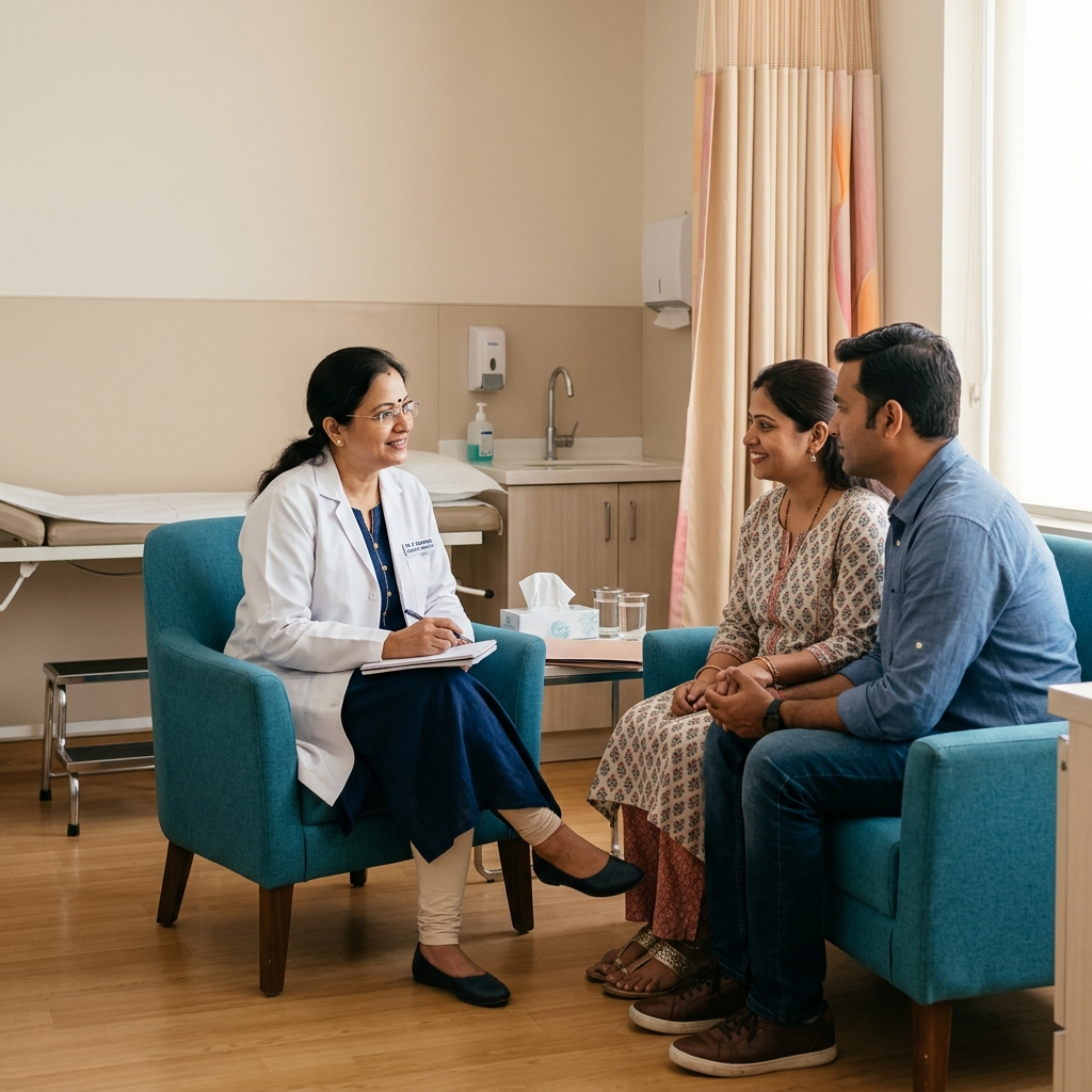 Warm and comfortable clinical hospital room with Indian doctor and couple, styled in hospital brand colors